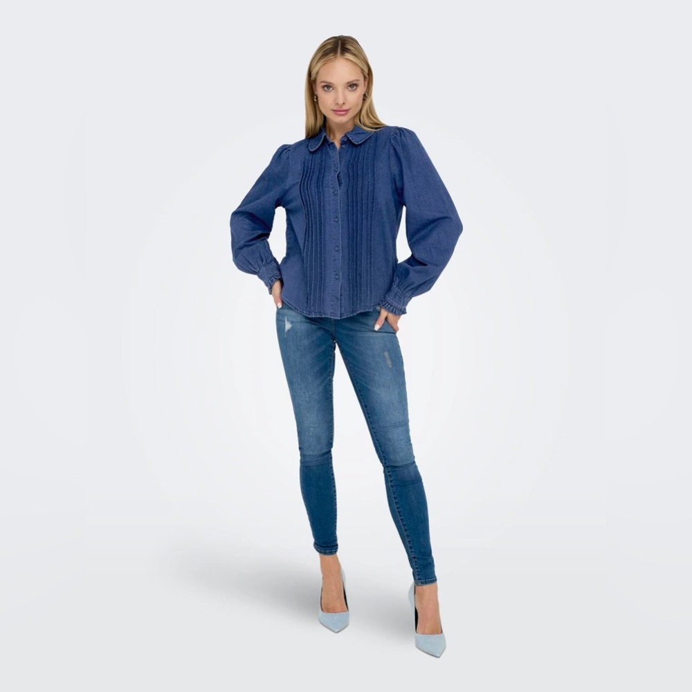 & Other Stories Pintuck Frill Blue Denim Button Front Top Regencycore Romantic
